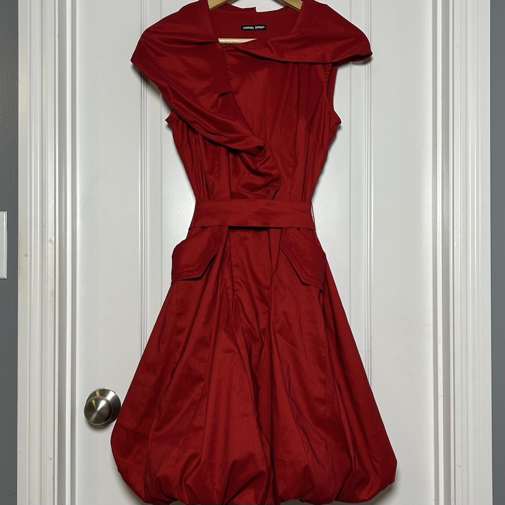 Samuel Dong Red Triple Wired Shawl Collar Belted Sleeveless Bubble Midi Dress